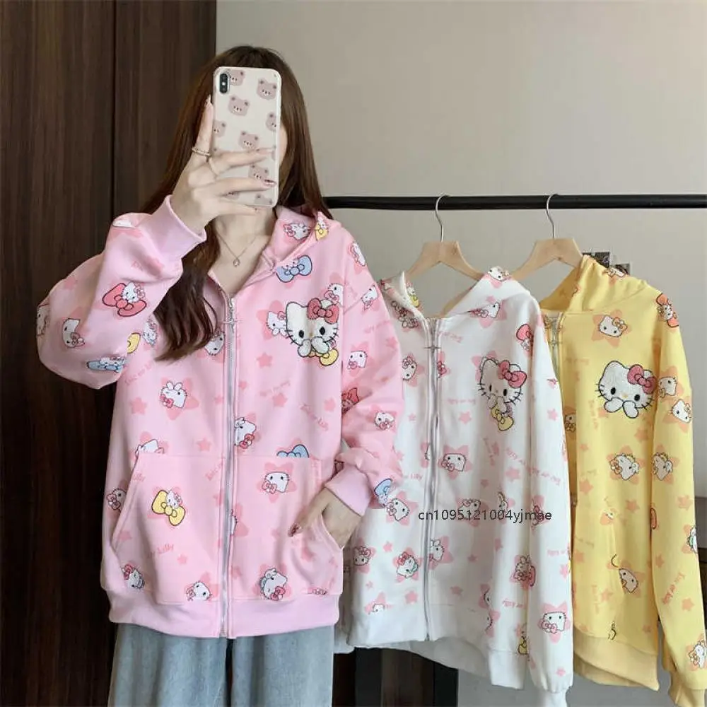 Hello Kitty Women's Flocked Embroided Coat Anime Cartoon New Spring Korean Version Loose Hooded Zipper White Sweatshirt Clothing