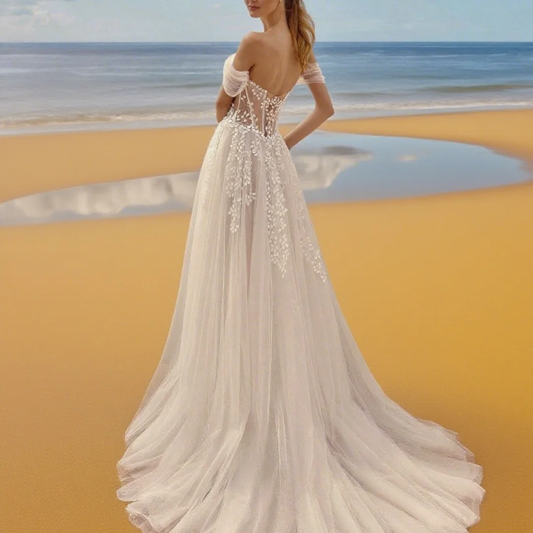 Customized off-the-shoulder style, Viste 3D floral lace, romantic bohemian style, bridal formal wedding dress