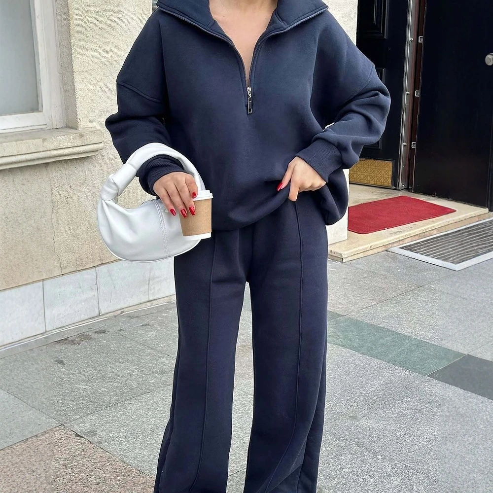 여성용 패션 캐주얼 투피스 세트 반카디건 풀오버 스웨트셔츠와 긴 바지 루즈핏 가을 겨울용