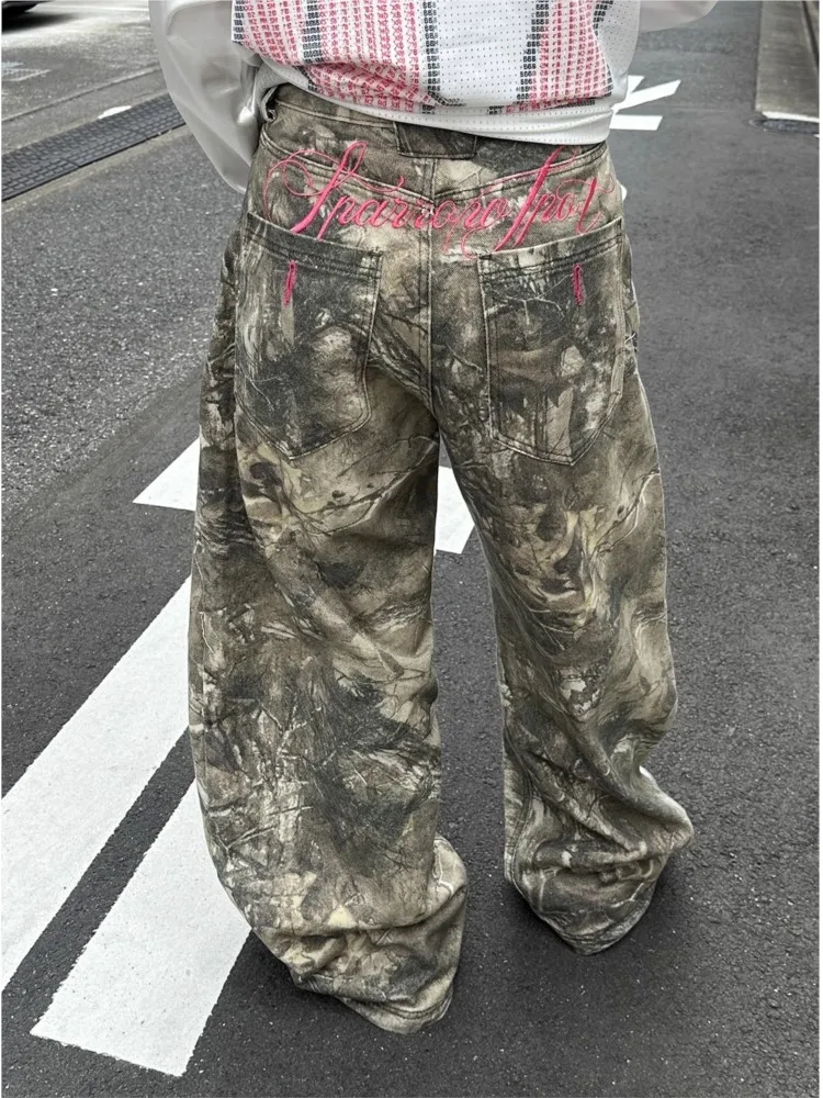 

Y2k Retro Embroidered Camouflage Casual Jeans For Wome Hip-hop Streetwear Loose Fashion Kpop Vintage Harajuku Wide-leg Pants