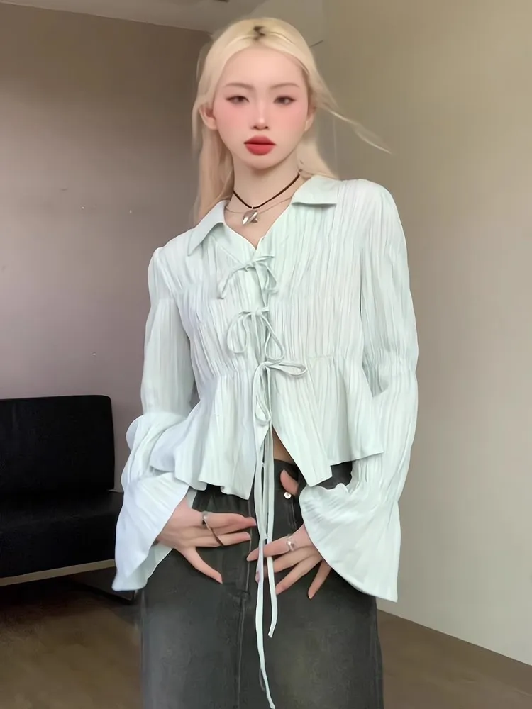 

Long Sleeve Shirts Womens Cotton Button Down Slim Fit Turn Collar French Feminine Romantic Elegant Preppy Youthful Daily