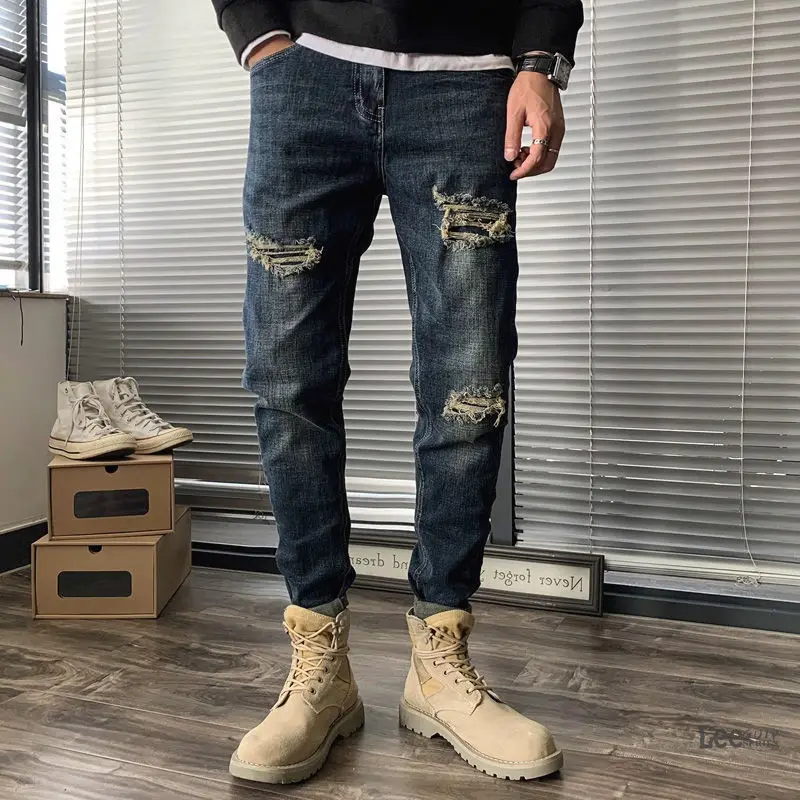 

Men's Jeans with Holes Trousers Ripped Slim Fit Man Cowboy Pants Broken Vintage Torn Skinny Tight Pipe Regular Stylish Soft Y2k