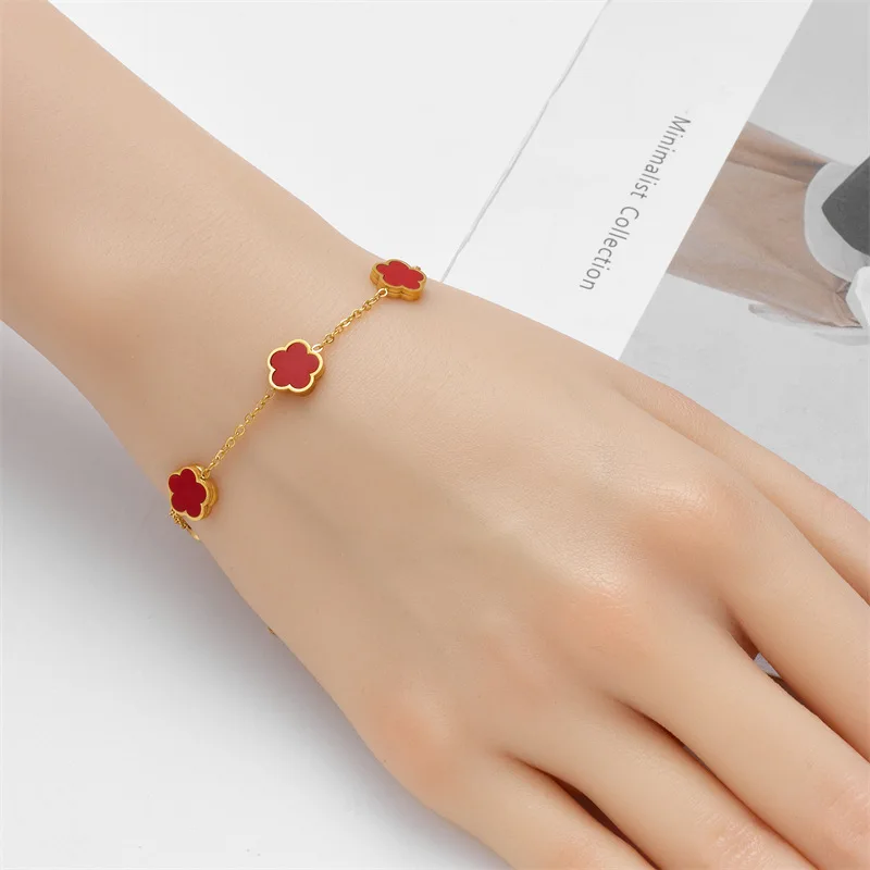 4-Color Stainless Steel Shell Plant Five Leaf Petal Flower Bracelet Without Fading High-Quality Women's Jewelry Clover