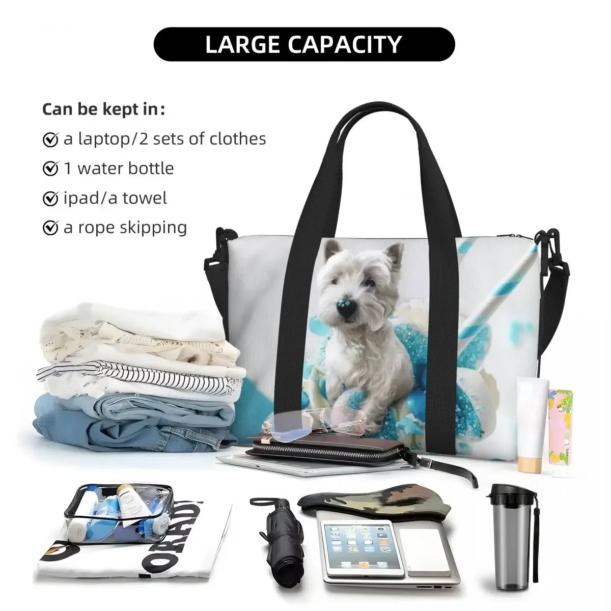 Borsa tote personalizzata Westie Blue Marshmallow Shake Borsa da viaggio a spalla da palestra per cani West Highland Terrier di grande capacità