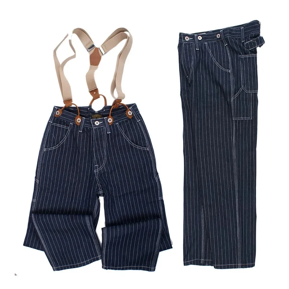 Wide-leg Striped Jeans Men Loose Railway Overalls Male Spring Suspender Pants Outdoor Camping Hunting Trousers Fishing New Longs