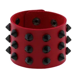 Red Punk Spike Bracelet Wide Leather Bracelets for Women Men Goth Girl Cuff Bangle Studded Wristband Jewelry