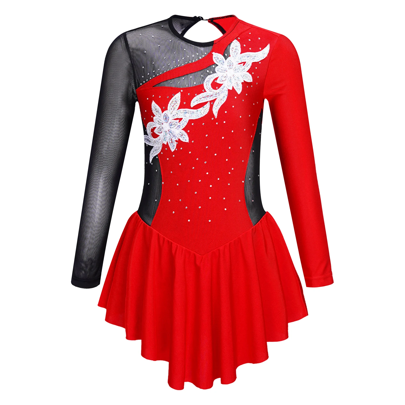 Girls Shiny Rhinestone Artistic Figure Skating Ballet Lyrical Dance Dress Flower Rhythm Gymnastics Skirted Leotard Tutu Dress