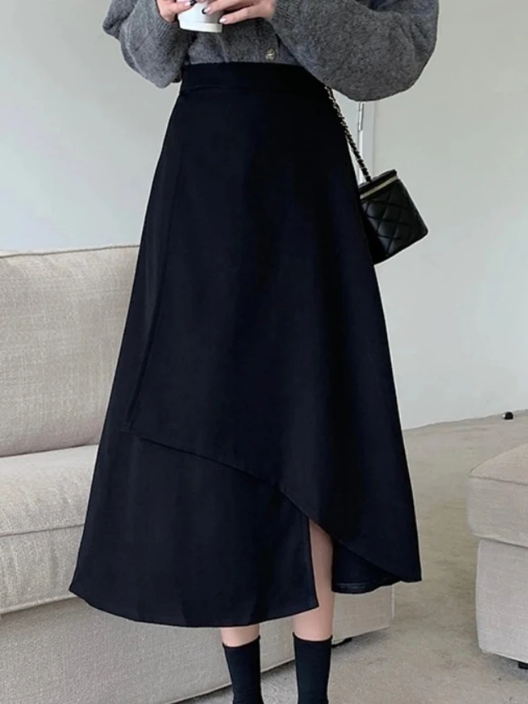 

Autumn Winter New Plus Size High-Waisted Black Bodycon Skirt Medium-Length Irregular Pleated Umbrella Skirt for Big Size Women