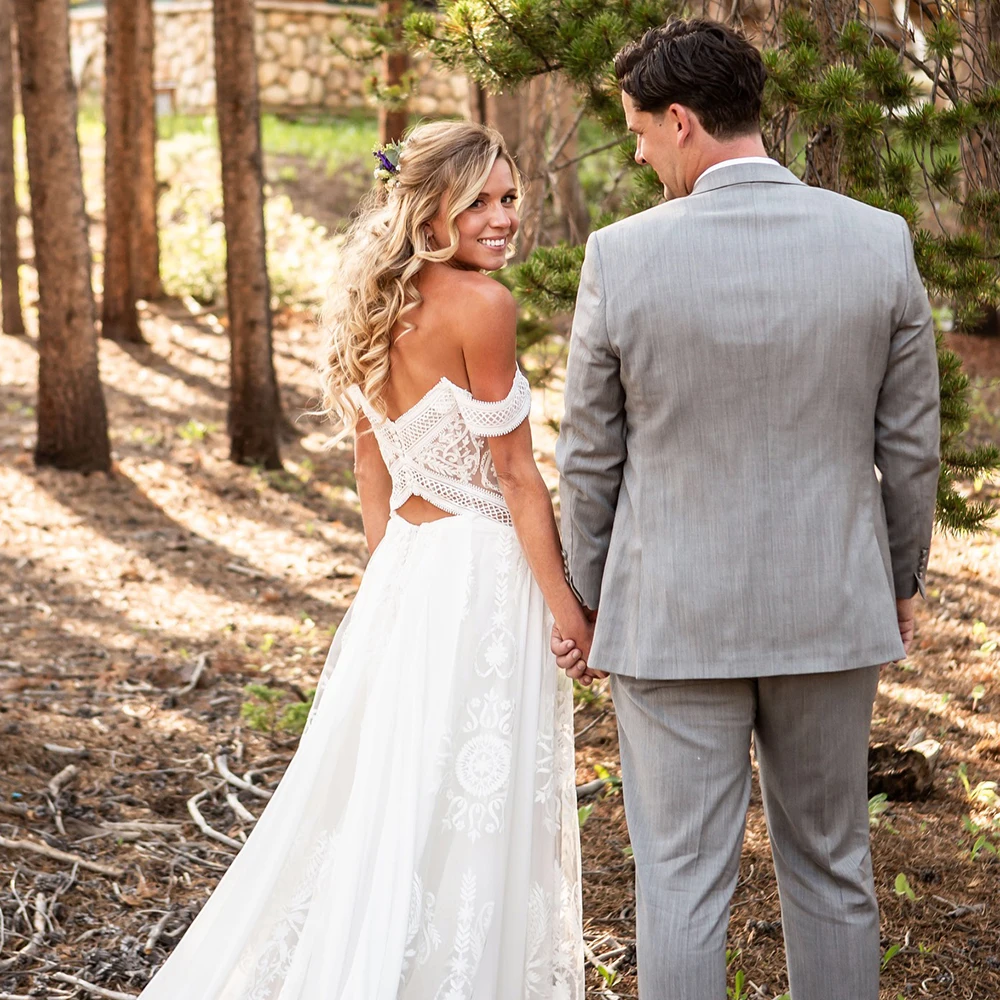 Off Shoulder Cutout Bohemian Wedding Dress Chapel Train Customized Drape Neckline A Line Floral Lace Chiffon Rustic Bridal Gowns