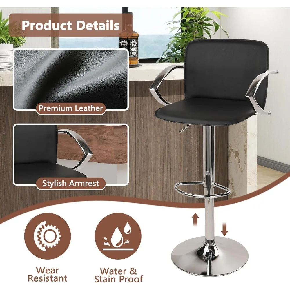 Taburete de bar Juego de 2 taburetes de mostrador de altura ajustable Sillas de bar con reposabrazos, respaldo ergonómico y reposapiés, giratorio de 360 grados