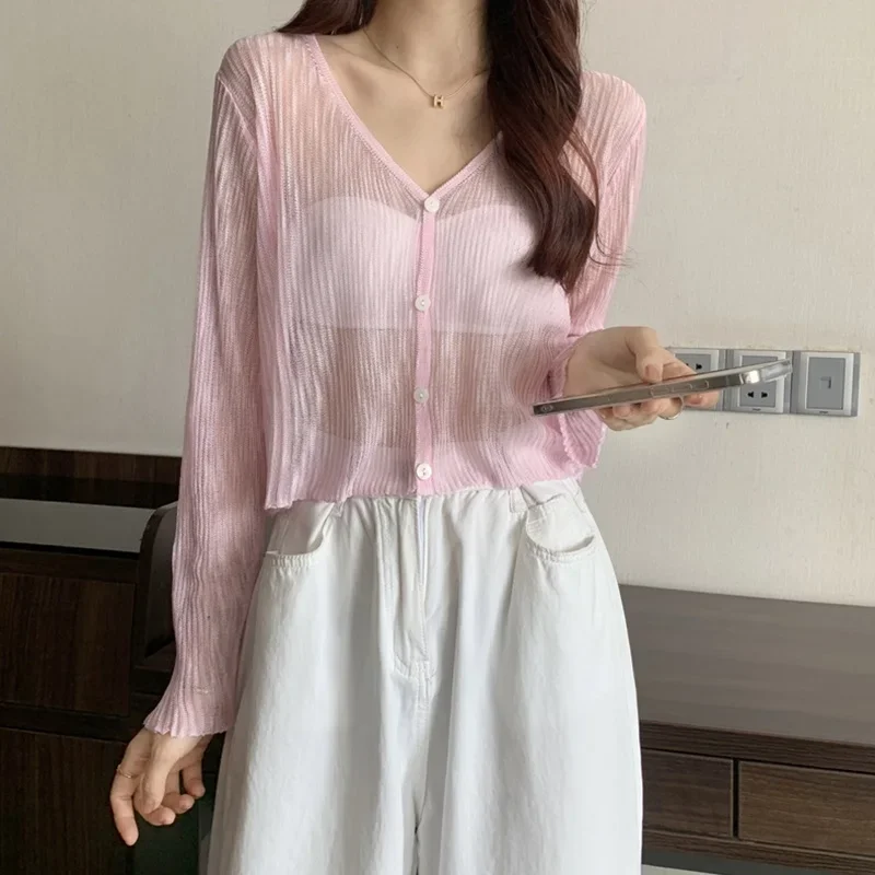 Knitted White Cardigans Women Summer Sunscreen Long Sleeve Cropped Shrug Korean See Through Kimono Tops Fashion Sweater