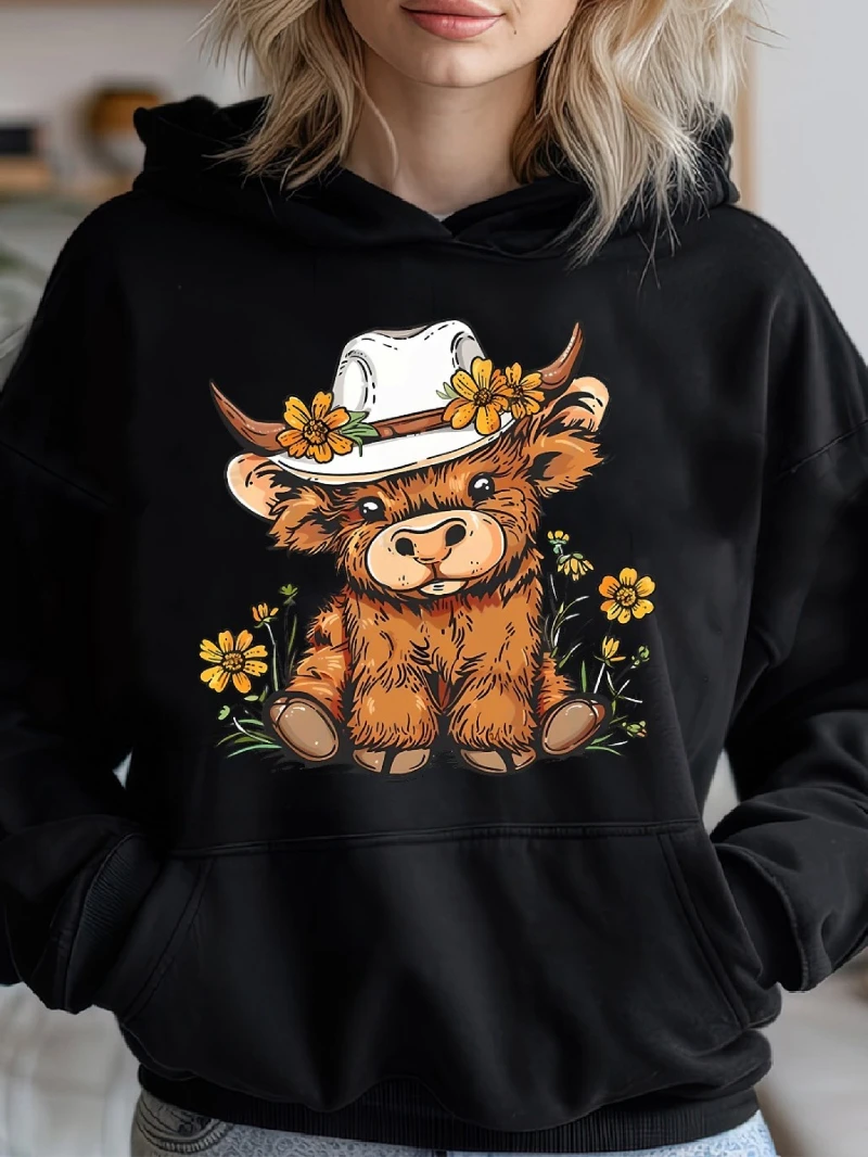 

2025 Autumn and Winter Scottish Cute Highland Cow Cattle Flowers Women High-end Luxury Is for Both Men and Women Top Y2k