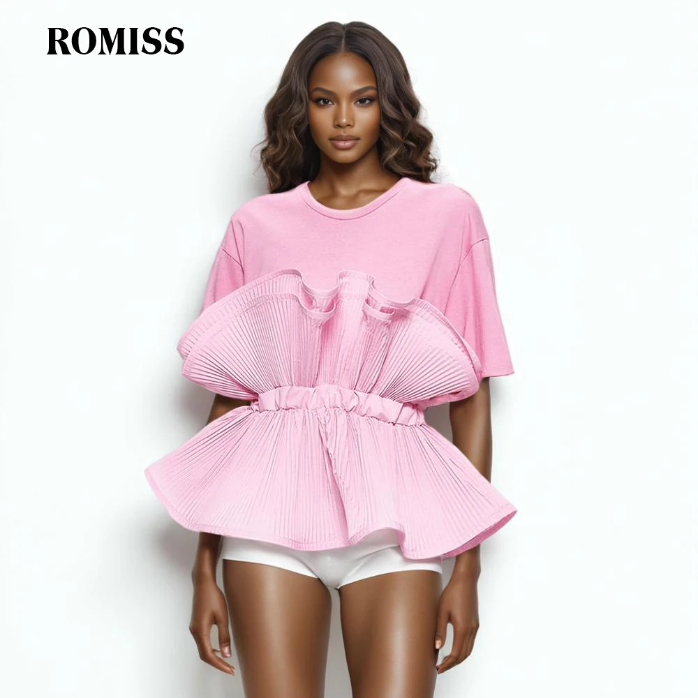 

ROMISS Ruffles T Shirts For Women Round Neck Short Sleeve High Waist Patchwork Tunic Solid Casual Summer T Shirt Female 2024