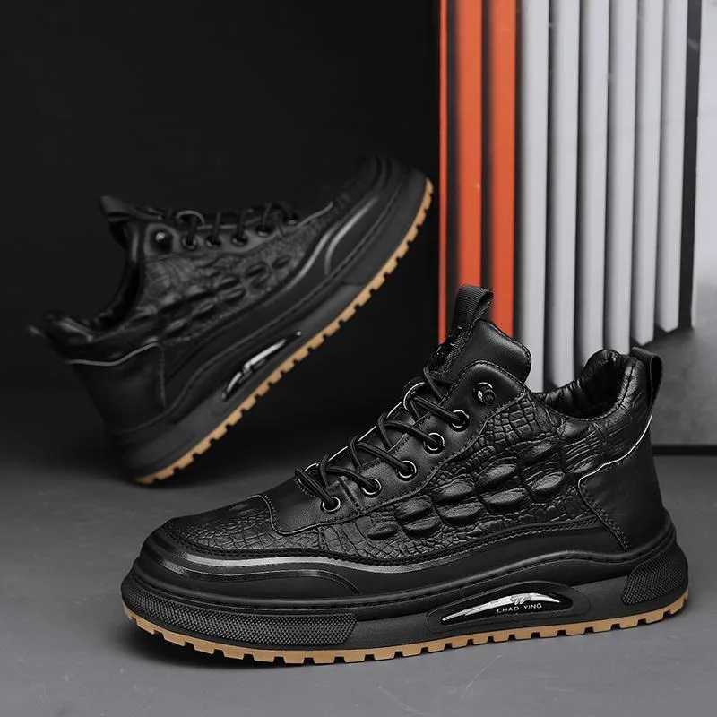 Men's Crocodile Print Retro Leather Sneakers Platform Men Dad Shoes Slip On Casual Outdoor Walking Shoes Sports Tenis Masculino