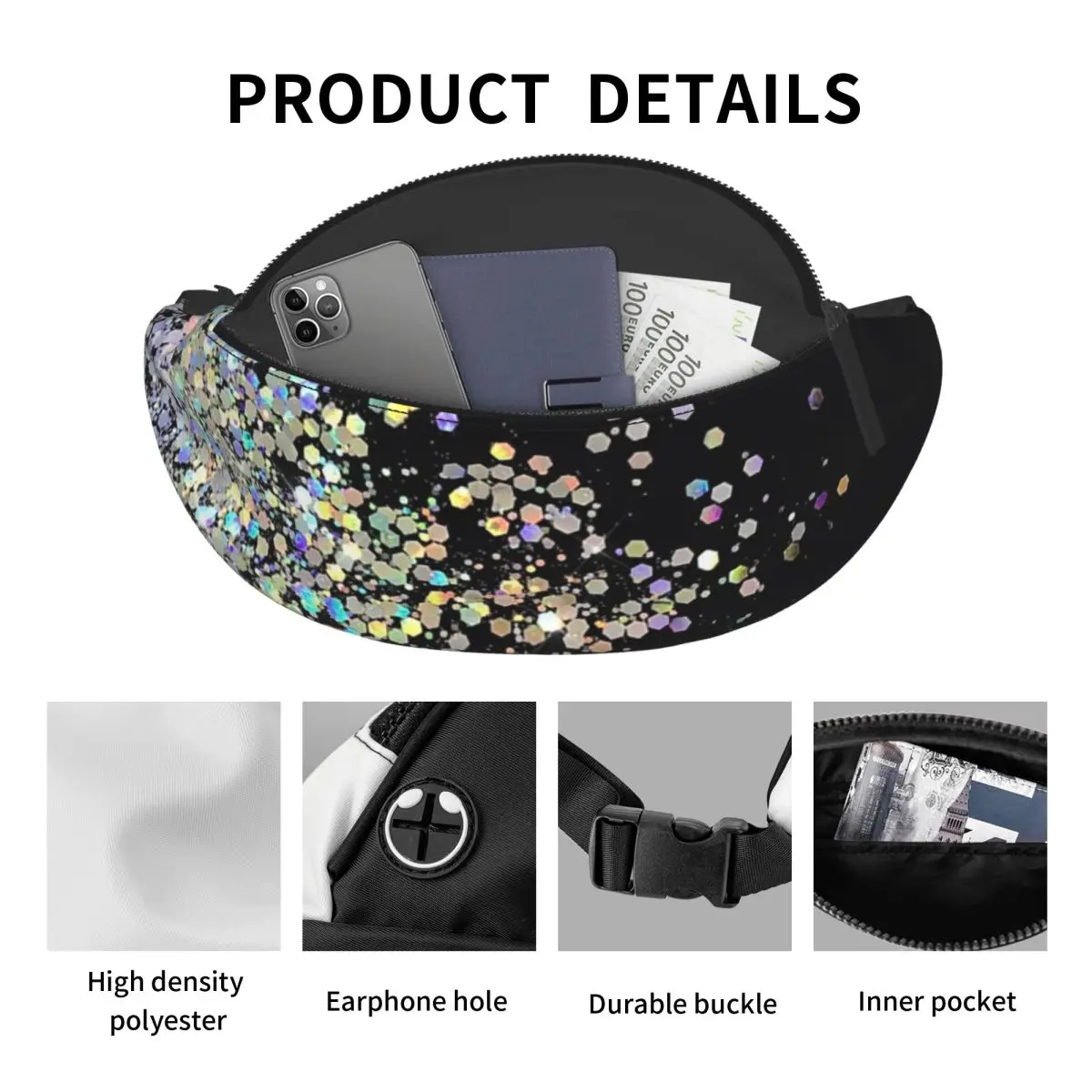 Black And Holographic Sparkle Fanny Pack Men Women Crossbody Adjustable Waist Bag Travel Running Phone Pouch