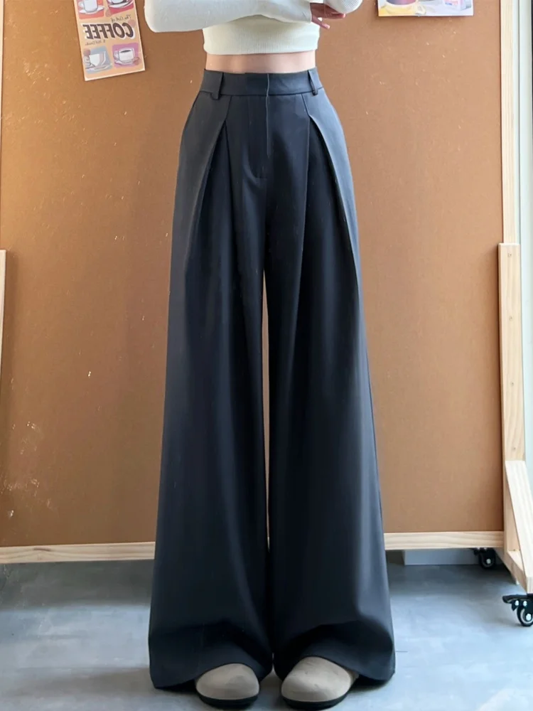 American Style Pleated Wide Leg Pants Women's Summer High Waist Loose Grey Straight Casual Trousers Slimming Drapey Floor-Length