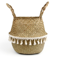 22cm x 20cm Foldable Handmade Storage Basket Folding Wicker Rattan Seagrass Belly Straw Garden Flower Pot Planter Laundry Basket