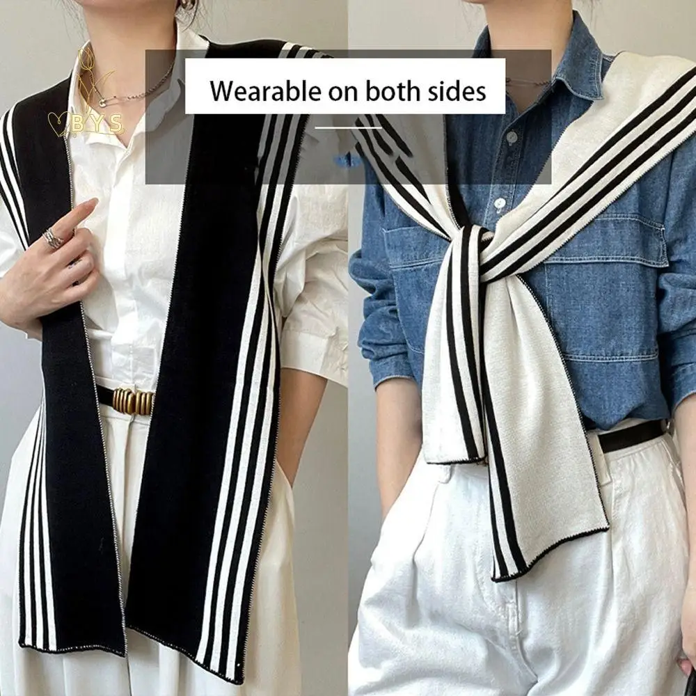 

Black White Stripe Knitted Shawl Women Blouse Shoulders Fake Collar Cape Scarves Simple Grace Scarf Wraps Clothes Accessories