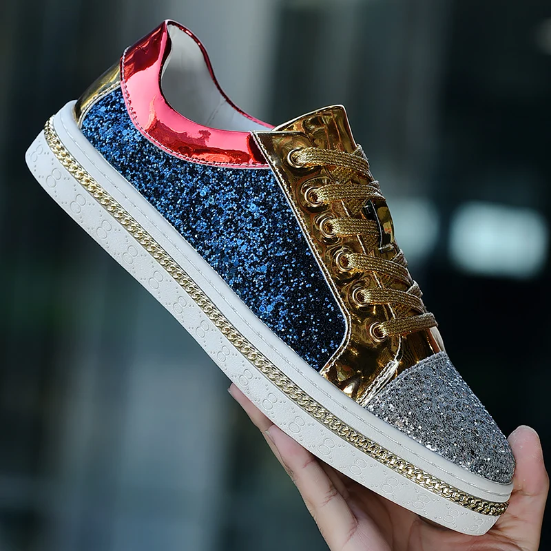 High-end Luxury Sequin Men Flat Shoes Cool Streets Punk Women Sneakers Casual Board Shoes Zapatillas Hombre Sequin Couple Shoes