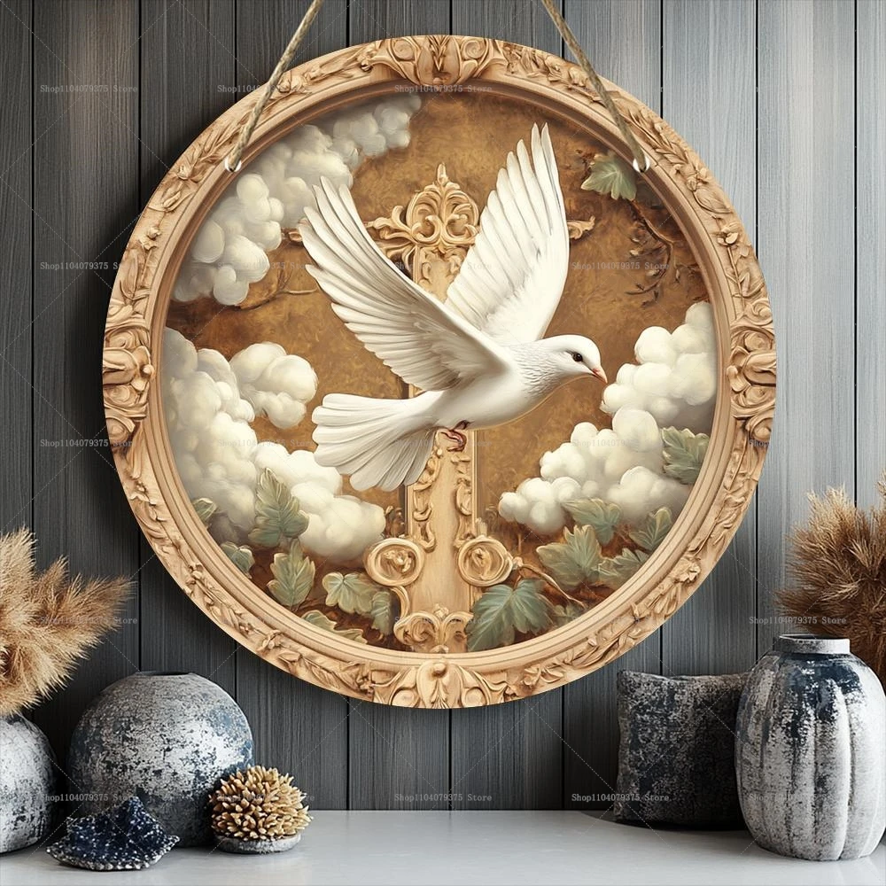 Retro Peace Dove 2D Wooden Ornaments Welcome Sign Decoration Round Wooden Sign Ornaments Front Door Room Decoration Gift