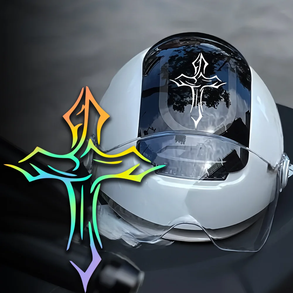 

Tribal Cross Motorcycle Stickers, Waterproof Holographic White Vinyl Decals