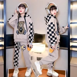 Teen Girls Clothing Set Spring Autumn Cartoon Bear Long Sleeve Lattice Hoodies Sweatshirt+Pants 2Pcs For 2-8Y Kids Casual Suit