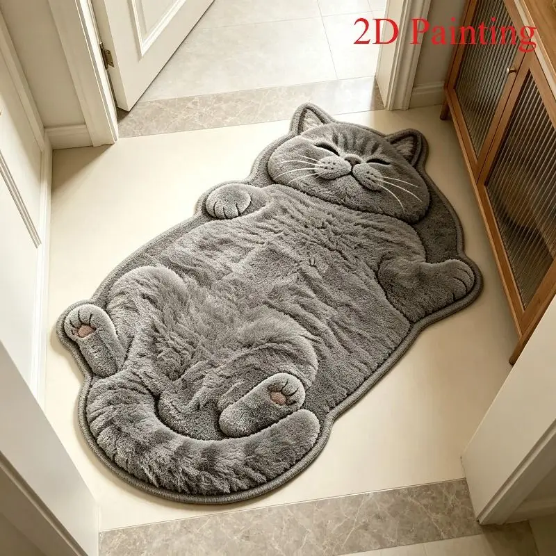 VIKAMA Lazy English Short Blue Cat Alien Plush Long Bed Carpet Entrance Bathroom Living Room Cute Cartoon Home Floor Mat