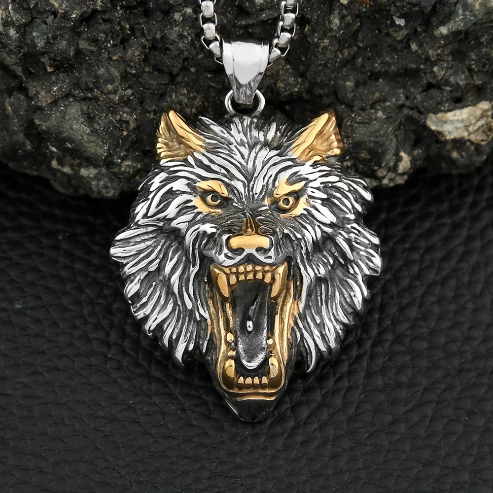 Punk Viking Wolf Kopf Anhänger Halskette Gold Farbe Edelstahl Odin Wolf Halskette Nordische Mythologie Schmuck Geschenke Zubehör