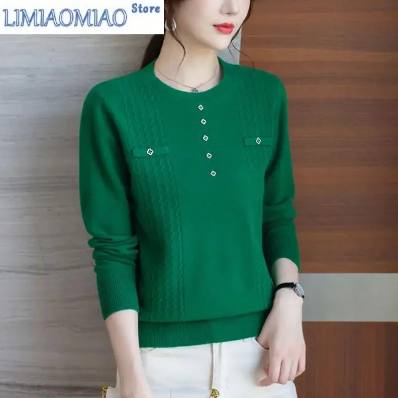 

New Autumn Fashion Trend Solid Color Loose and Versatile Slim Covering Round Neck Casual Style Middle Aged Mom's Knitted Sweater