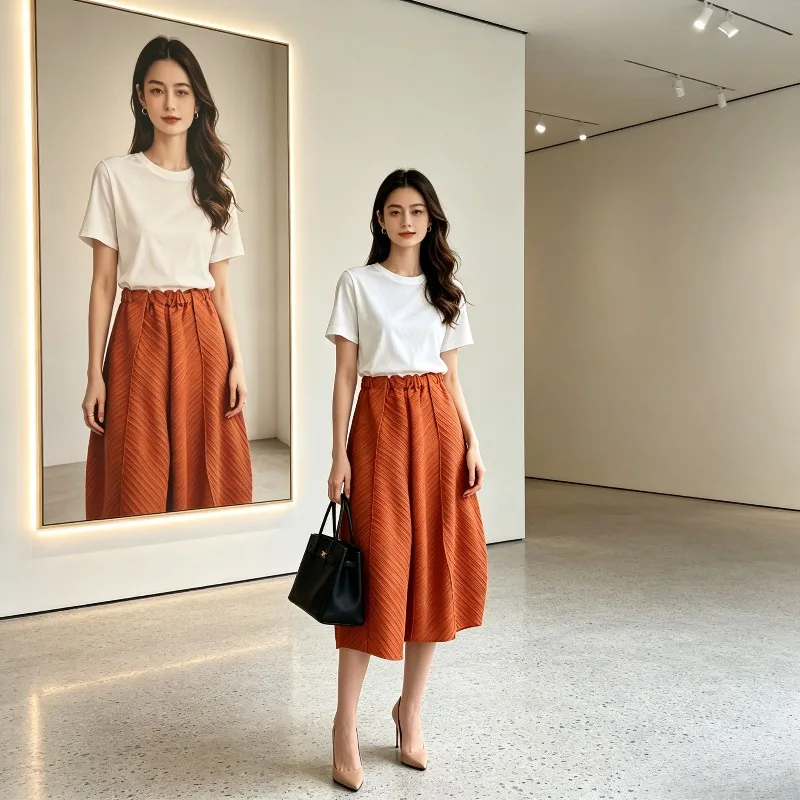 

Miyake Pleated 2026 Solid Color Mid-Length Pants for Women High Waist Vibrant Versatile Loose Fit Seven-Point Wide-Leg Pants