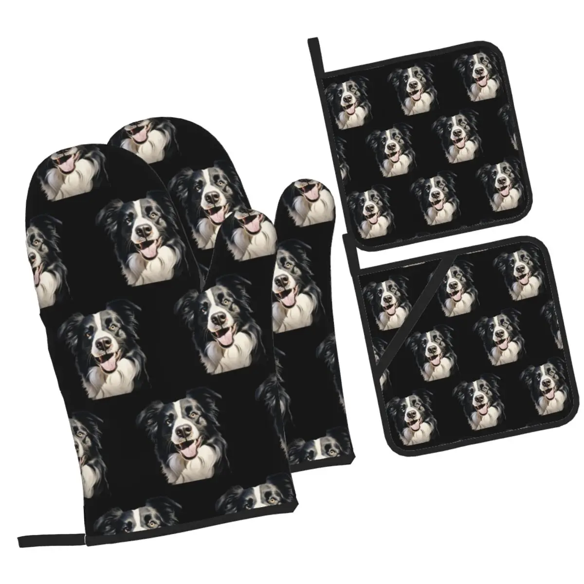 Border Collie Oven Mitts and Pot Holder Sets of 4 for Baking Kitchen Cooking BBQ Resistant Non-Slip Gloves