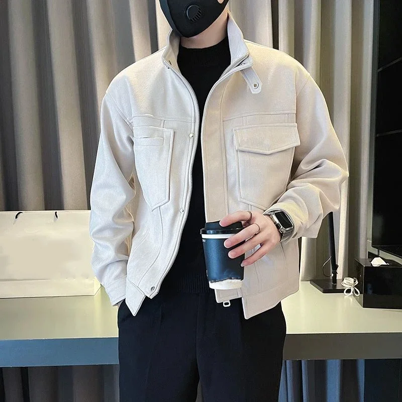 Suede Mens Jacket Autumn Winter Trendy Bad Boy Style New High End Slim Fit Thickened Stand Collar Solid Color Cargo Jacket