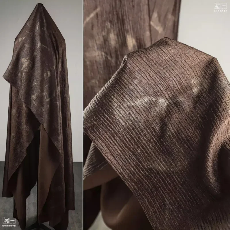 Retro Dark Brown Cracked Fabric Micro Pleated Rayon Shirt Dress Pants Clothing Designer Fabrics Cloth for Diy Sewing Per Meter