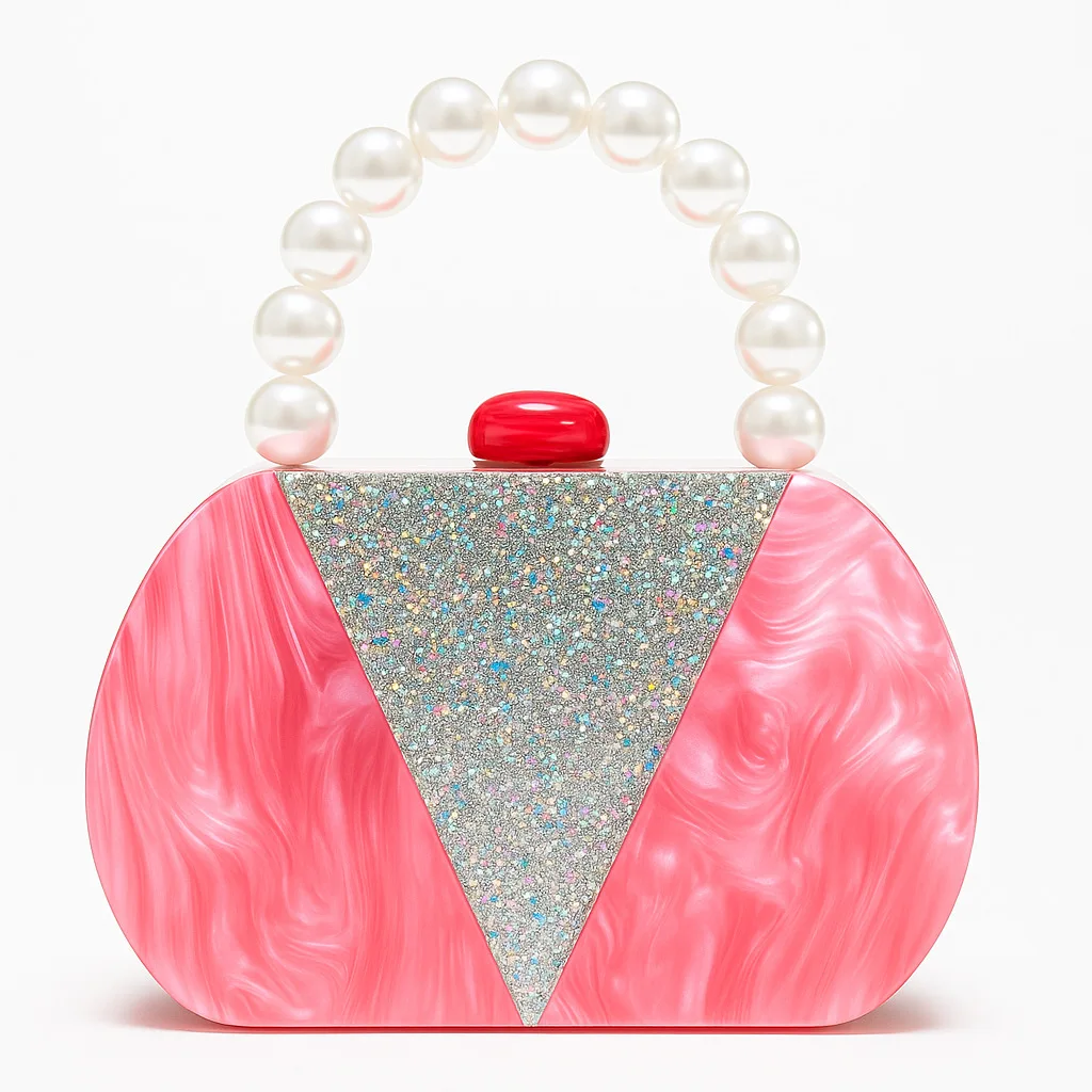 Stylish Pink And Silver Shiny Spliced Pearl Chain Women's Shoulder Handheld Acrylic Evening Bag Wedding Party Crossbody Handbag