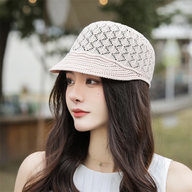 New Arrival Women Beret Spring Summer Cap Knit Breathable Hollow Out Hat Newsboy with Brim