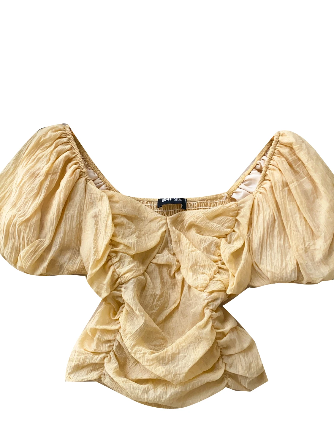 

Summer ort Bubble Sve irt Women's Pure Desire Faionable Pleated ow Clavicle Small Size Beautiful Korean Sle Top