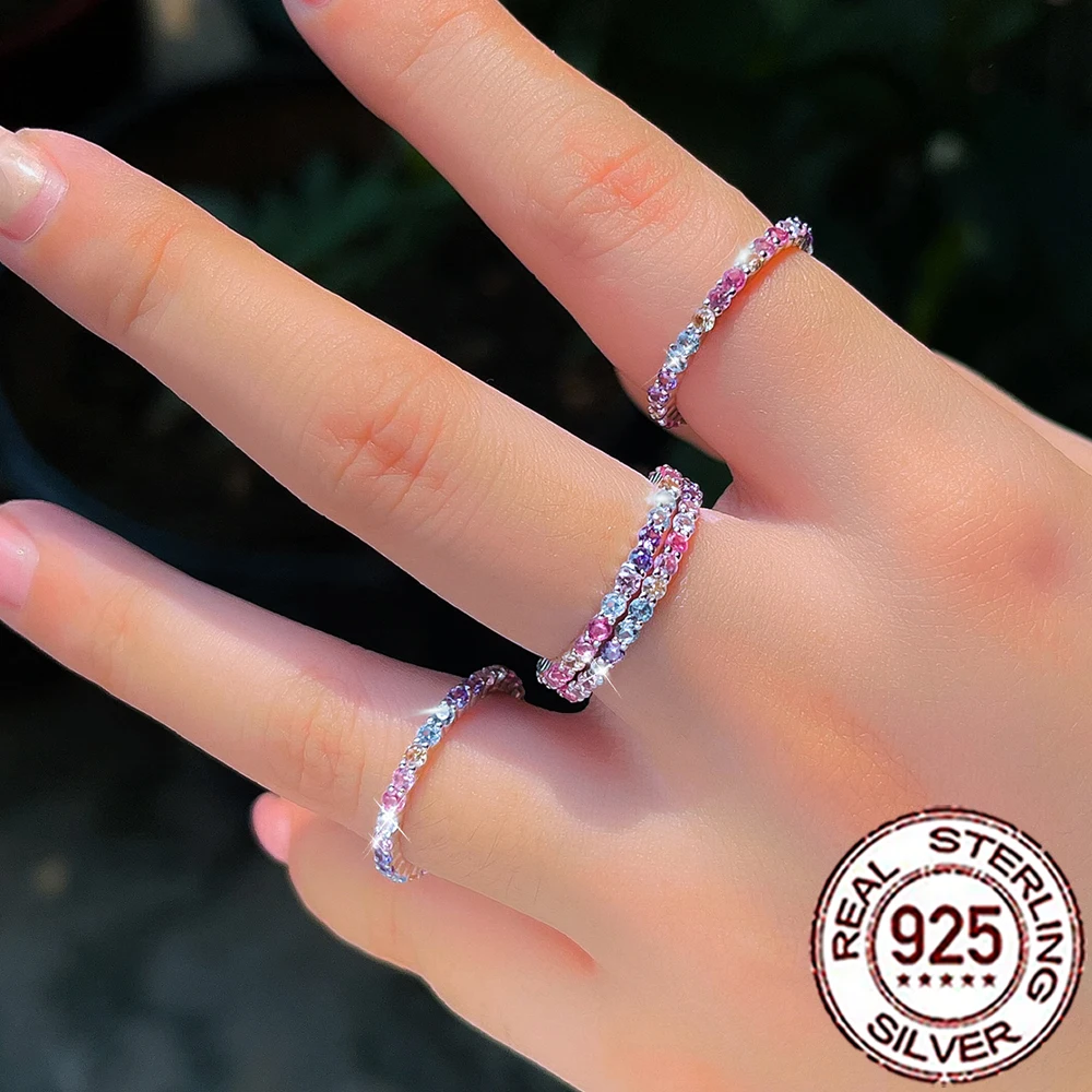 QooLady 925 Sterling Silber zierliche, funkelnde, mehrfarbige, stapelbare Regenbogenringe mit Zirkon für Damen, trendiger edler Schmuck SR114 – Detail 1