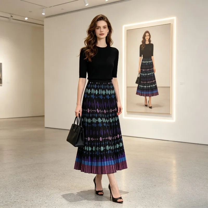 Miyake Pleated 2026 Summer New High-End Fashion Casual Niche Elastic Waist Pleated Polka Dot Print Pleated Skirt for Women Pleat