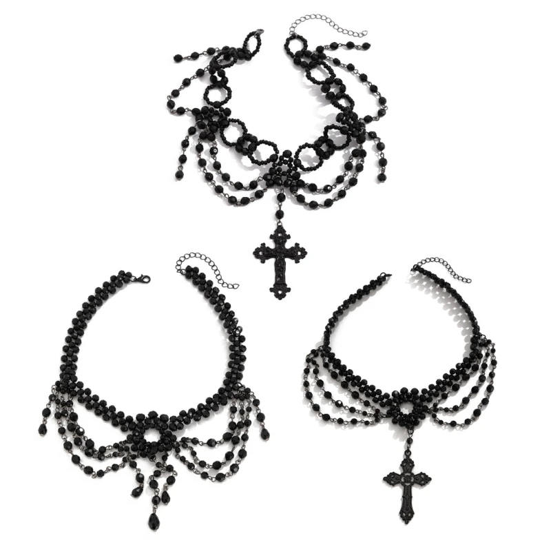 Statement Gothic Fringe Necklace Adornment with Crosses Detail for Edgy Outfits