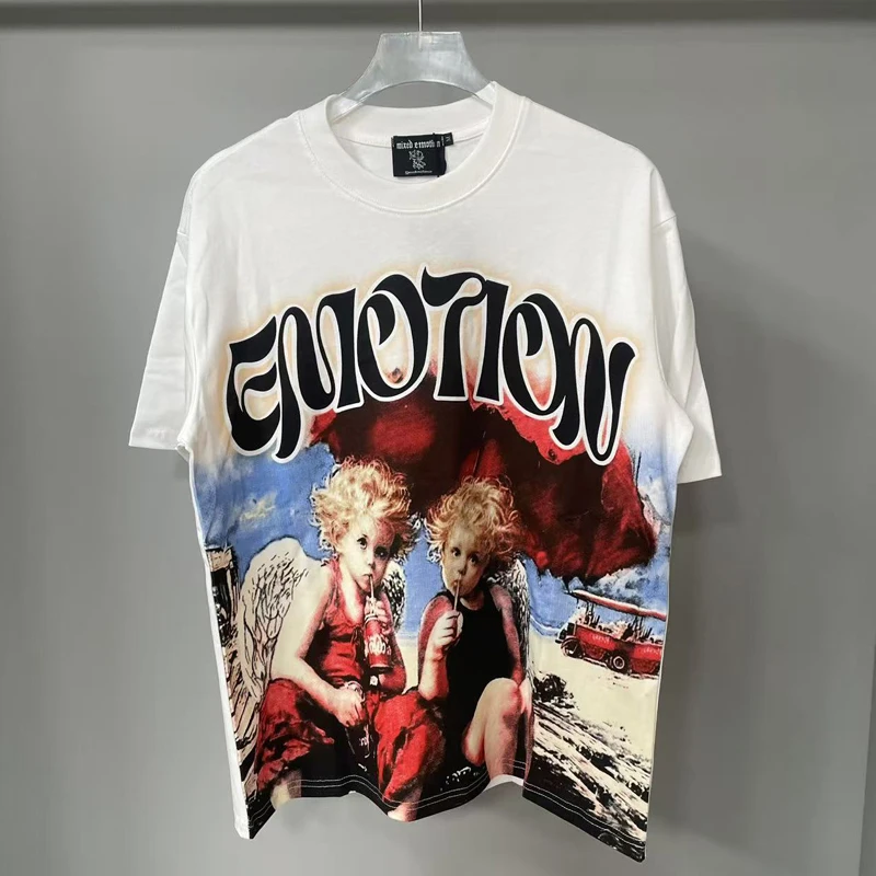 

New Unique Individualistic Fashion Brand Mixed Emotion T-shirts Summer Hip-hop Casual Angel Print Cotton Mixed Emotion Tops Tee