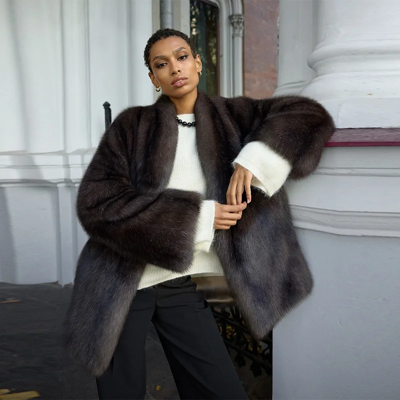 

Luxury Thicken Faux Fur Coat Women Winter Lapel Long Sleeve Jacket Vintage Waistband Loose Outwear 2025 New Warm Soft Lady Coats