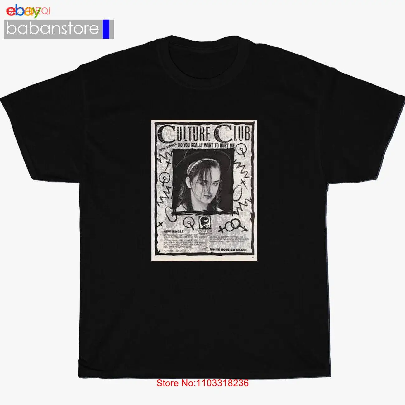 New CULTURE CLUB Белый Мальчик Джордж поп Логотип Черная футболка Размер S-3XL
