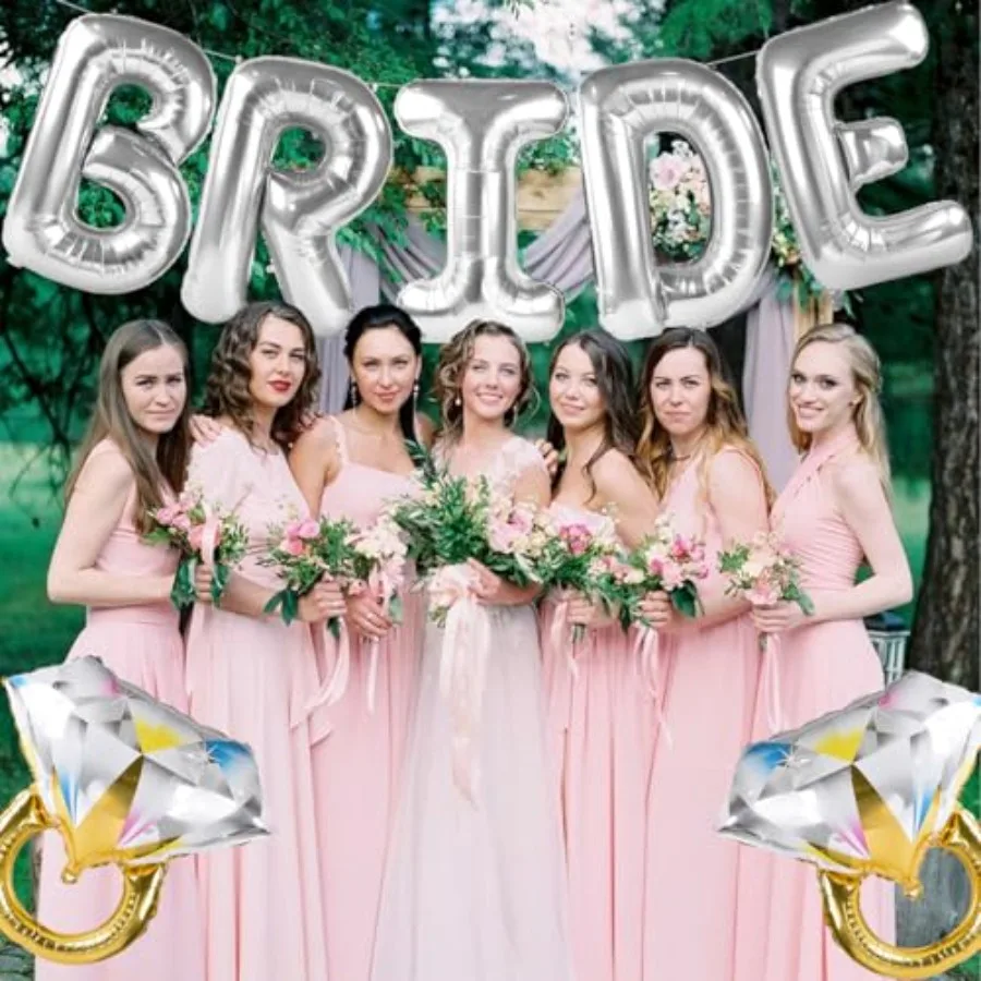 Grands ballons de mariée en argent avec 2 anneaux, décorations pour fête prénuptiale, enterrement de vie de jeune fille, fiançailles, argent