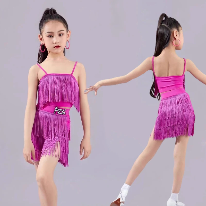 

2025 High End Latin Dance Performance Costume Rose Red Split Tassel Suspender Set Chacha Rumba Tango Girls Latin Wear DQS18385