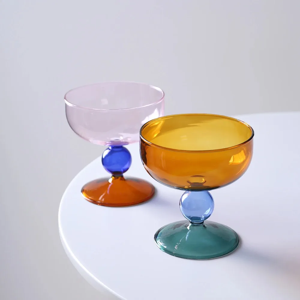 Creative High Feet Glass Ice Cream Bowl Heat-resistant 270 ML Dessert Cup Color-blocked Colorful Fruit Salad Bowl Pudding