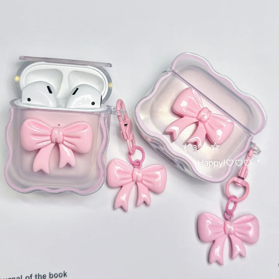 Apple AirPods 1/2/3/4 세대 Bluetooth 이어폰 보호 케이스 Pro2ND 이어폰 케이스에 적합한 3D 핑크 보우