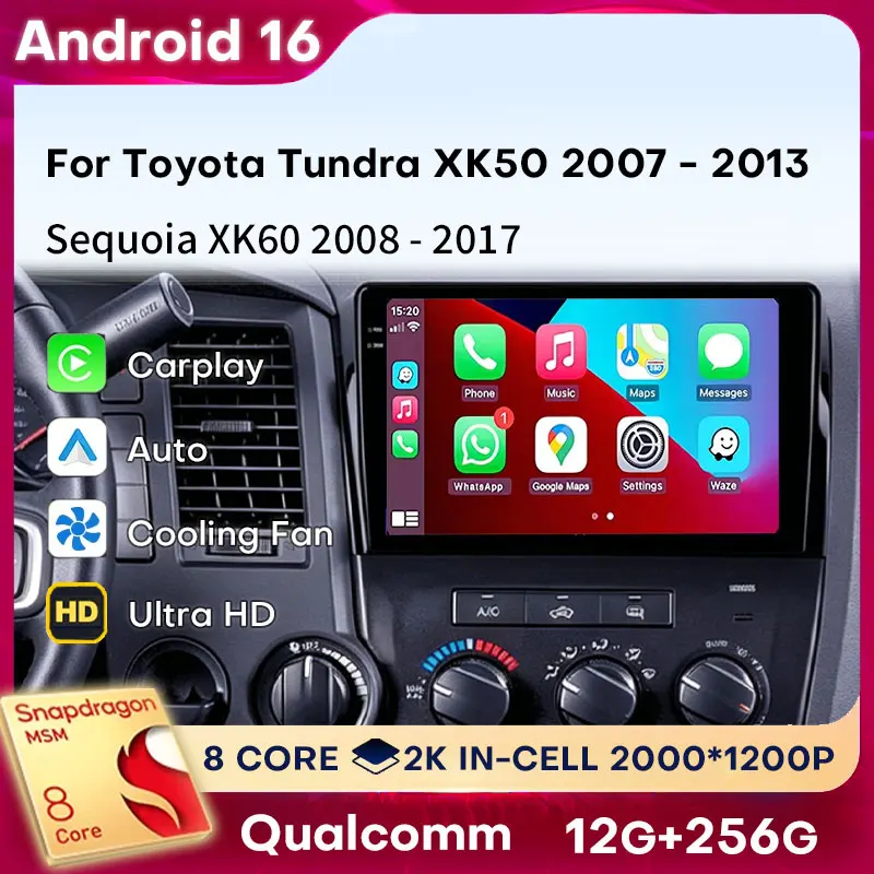 Android 16 Carplay para Toyota Tundra XK50 2007-2013 Sequoia XK60 2008-2017, Unidad Principal para Auto, Reproductor 4G LTE, Cámara 360, Radio para Auto