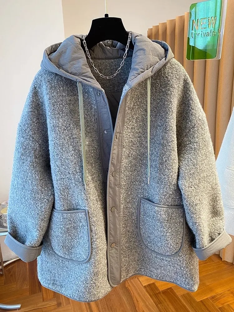 

Women Hooded Quilted Coat 2025 Autumn Single-breasted Casual Loose Woolen Jackets Female Solid Color Outerwear
