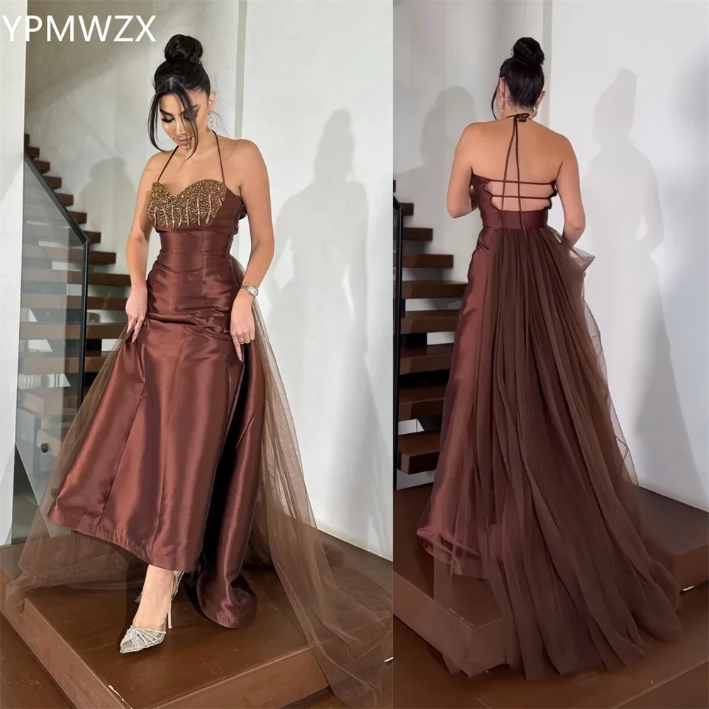 

Customized Evening Dress Women Prom Gown Party Occasion YPMWZX Halter A-line Floor Length Skirts Draped Sleeveless Bead Bespoke