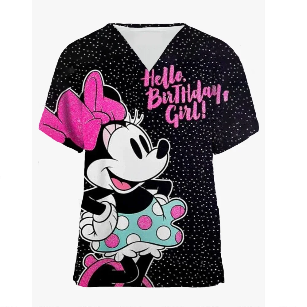 

Tops Mickey T-shirts Nurse Uniform Hospital T-shirt Pocket Woman Clothes V Neck Disney Top Women 2024 Minnie Mouse Tees Women's